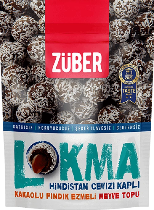 Züber Lokma- Hindistan Cevizi Kaplı Kakaolu Fındık Ezmeli Meyve Topu
